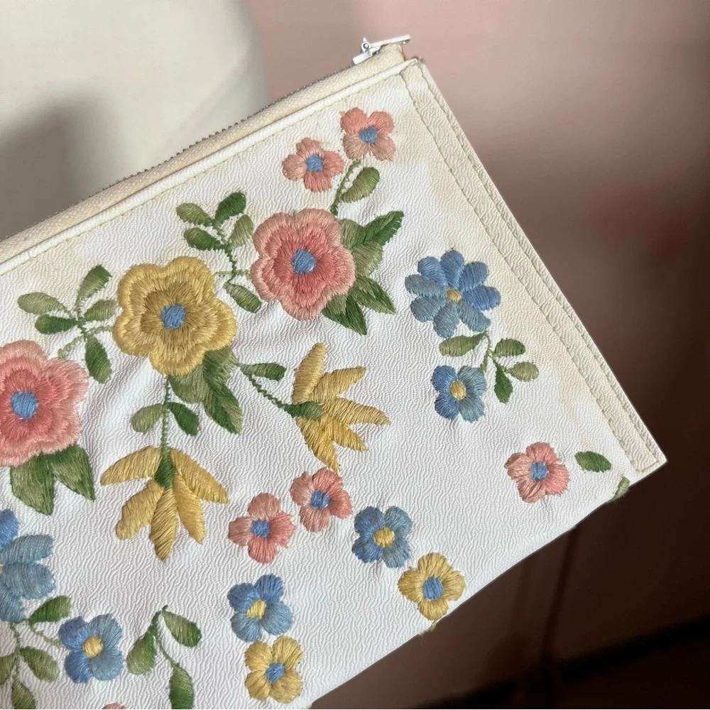 Vintage 40 50 Retro white Leather Pastel embroidered Cottagecore Clutch mini Bag - Picture 11 of 16
